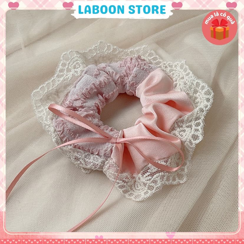 Ảnh Dây cột tóc LABOON scrunchies họa tiết hoa nơ viền ren vintage buộc tóc voan nhún nữ tính xin xắn 2