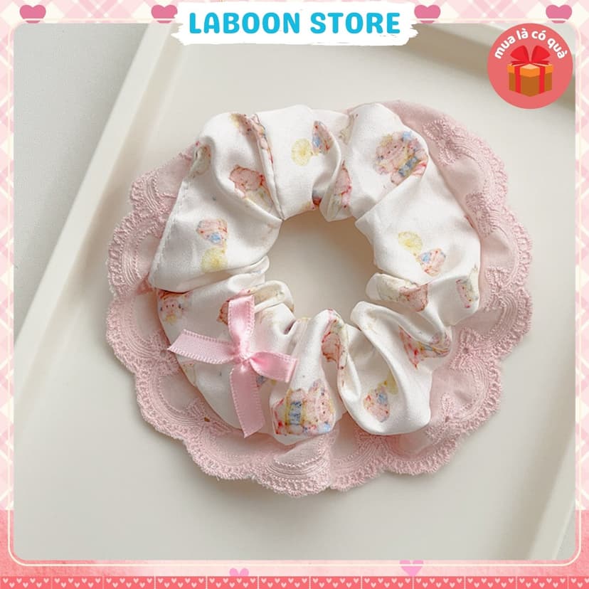 Ảnh Dây cột tóc LABOON scrunchies họa tiết hoa nơ viền ren vintage buộc tóc voan nhún nữ tính xin xắn 3