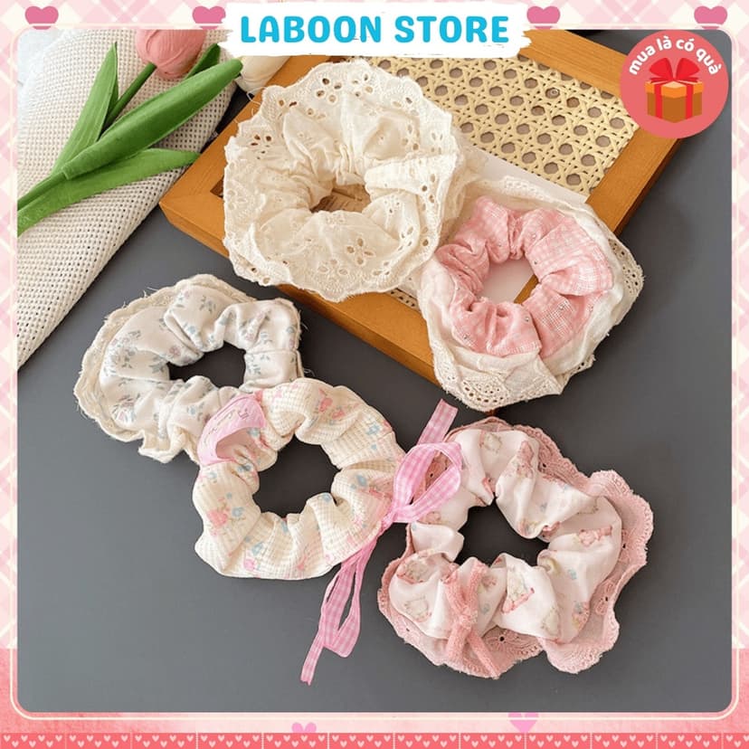 Ảnh Dây cột tóc LABOON scrunchies họa tiết hoa nơ viền ren vintage buộc tóc voan nhún nữ tính xin xắn 1