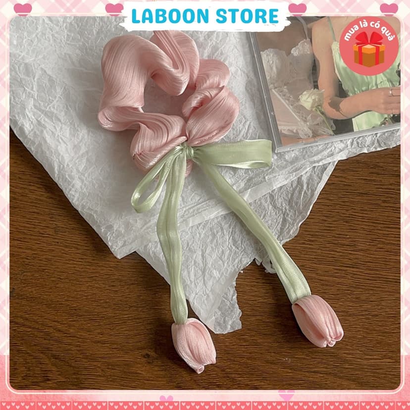 Ảnh Dây cột tóc LABOON scrunchies họa tiết hoa nơ viền ren vintage buộc tóc voan nhún nữ tính xin xắn 4