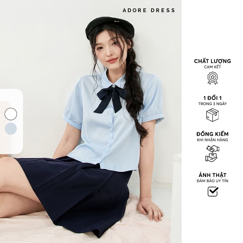 Ảnh 513SH0001 - Sơ mi basic thô lụa trắng kem buộc nơ cổ ADORE DRESS 1
