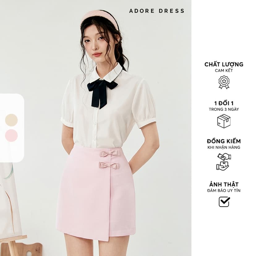 Ảnh 513SH0001 - Sơ mi basic thô lụa trắng kem buộc nơ cổ ADORE DRESS 2