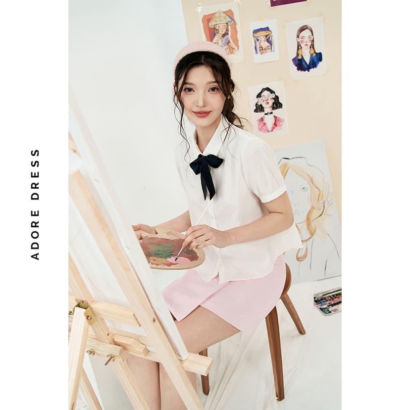 Ảnh 513SH0001 - Sơ mi basic thô lụa trắng kem buộc nơ cổ ADORE DRESS 4