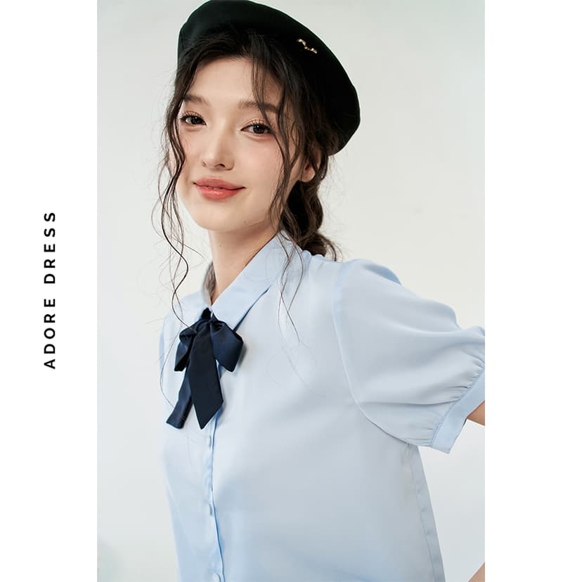 Ảnh 513SH0001 - Sơ mi basic thô lụa trắng kem buộc nơ cổ ADORE DRESS 3