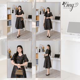 Thumbnail Đầm Thiết Kế EMY Thời Trang Cao Cấp EM9590 Vải Tafta 3D Nền Đen Hoa Đỏ Sang Chảnh Đi Tiệc 1