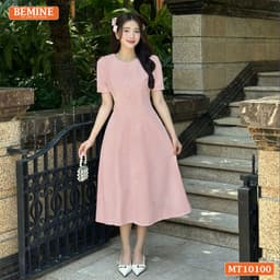 Thumbnail Đầm thiết kế BEMINE cổ tròn đính cúc dáng chữ A tay ngắn phù hợp đi làm, đi dạo phố-MT10100 3