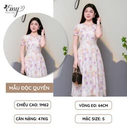 Thumbnail Đầm Thiết Kế EMY Thời Trang Cao Cấp EM9595 Vải Tơ Vân Hoa Tím Cam Nền Trắng Sang Chảnh Đi Tiệc 1
