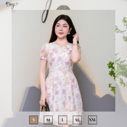 Thumbnail Đầm Thiết Kế EMY Thời Trang Cao Cấp EM9595 Vải Tơ Vân Hoa Tím Cam Nền Trắng Sang Chảnh Đi Tiệc 2