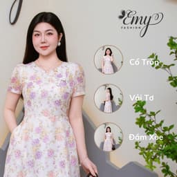 Thumbnail Đầm Thiết Kế EMY Thời Trang Cao Cấp EM9595 Vải Tơ Vân Hoa Tím Cam Nền Trắng Sang Chảnh Đi Tiệc 4