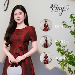 Thumbnail Đầm Thiết Kế EMY Thời Trang Cao Cấp EM9604 Vải Gấm Hoa Lan Đỏ Đô Sang Chảnh Đi Tiệc 1