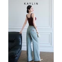 Thumbnail Quần JEAN KAYLIN form suông phối hình thêu chất vải Denim dầy dặn phong cách Retro - N2441 2
