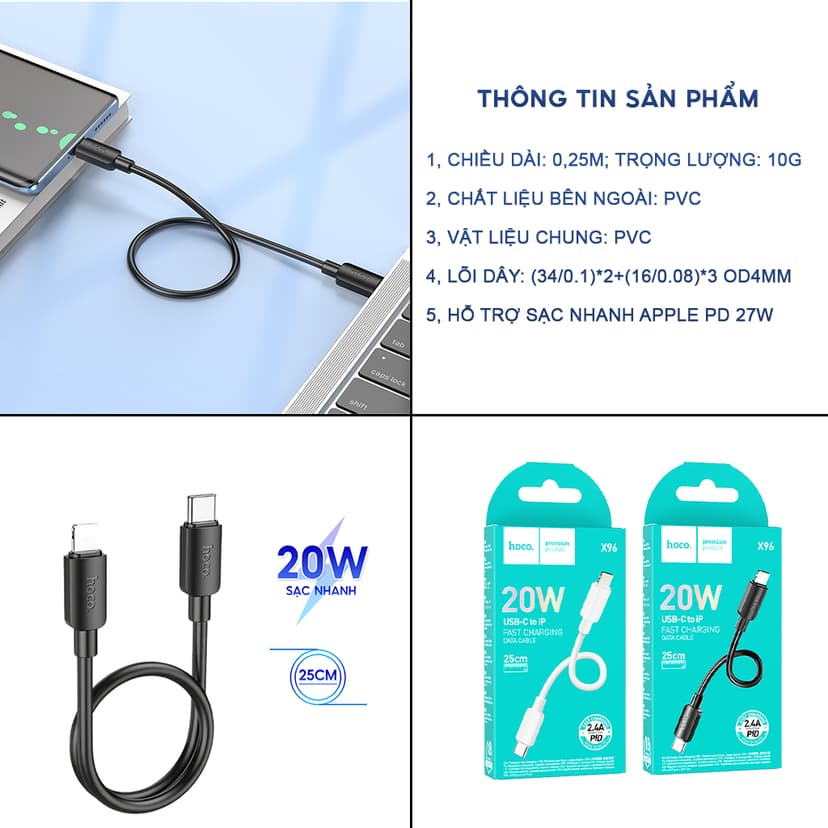 Ảnh Cáp Sạc Nhanh 20W Siêu Ngắn 25cm Chính Hãng Hoco Dành Cho IP7-8-X-XR-XSM-11-12-13-14-Plus-Pro-Promax 1