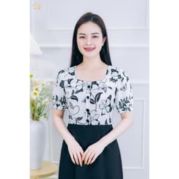 Thumbnail Đầm xòe trung niên cho mẹ - Cổ vuông tim kết nút tay ngắn - Trắng hoa đen - TTV1855 3