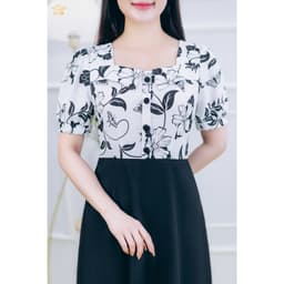 Thumbnail Đầm xòe trung niên cho mẹ - Cổ vuông tim kết nút tay ngắn - Trắng hoa đen - TTV1855 2