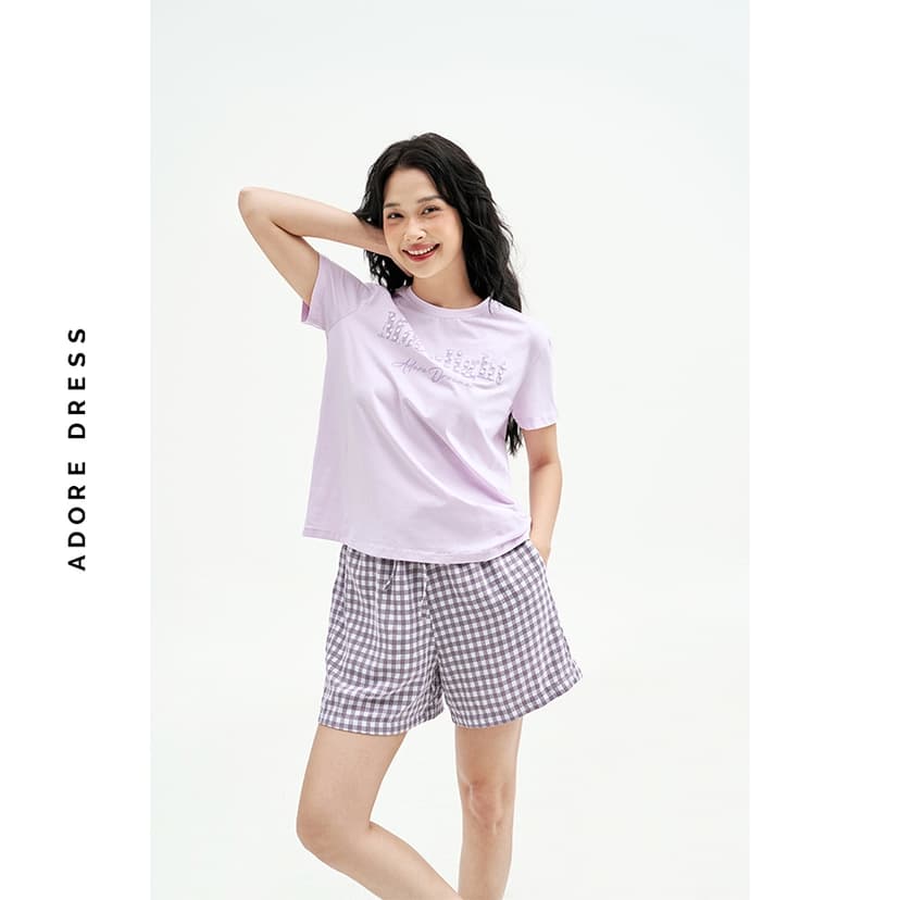 Ảnh 511HO3003 - Bộ mặc nhà áo thun quần short thô karo tím lilac/short thô karo đỏ ADORE DRESS 2