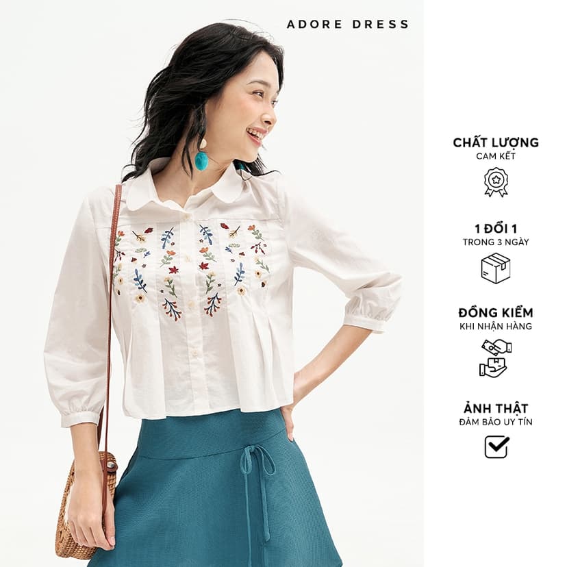 Ảnh 511SH1013 - Áo Sơ mi thô bamboo trắng thêu hoa rơi ADORE DRESS 1