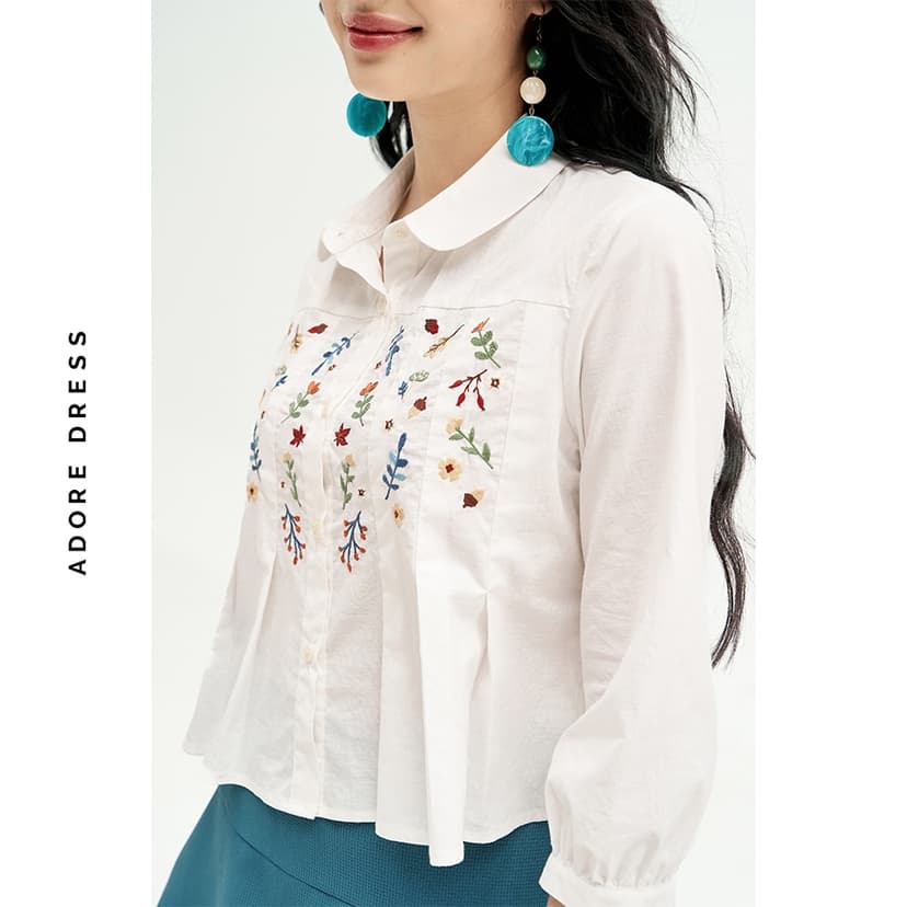 Ảnh 511SH1013 - Áo Sơ mi thô bamboo trắng thêu hoa rơi ADORE DRESS 3