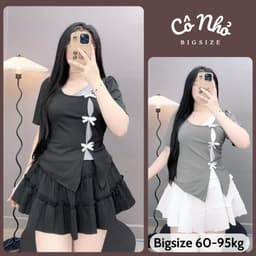 Thumbnail Áo Thun Kiểu Bigsize Nữ Cổ Tìm Xẻ Tà Phối Nơ Cách Điệu Vải Gân Tăm Co Giãn 55-92kg A273 1