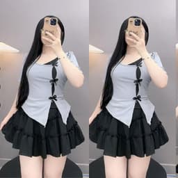 Thumbnail Áo Thun Kiểu Bigsize Nữ Cổ Tìm Xẻ Tà Phối Nơ Cách Điệu Vải Gân Tăm Co Giãn 55-92kg A273 3