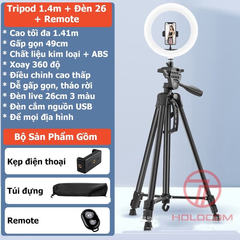 Ảnh Chân Đỡ Điện Thoại 360 Độ Đa Năng Kiêm Tripod Máy Ảnh Dùng Để Livestream Chụp Ảnh Cao 140cm - HOLOCOM 1