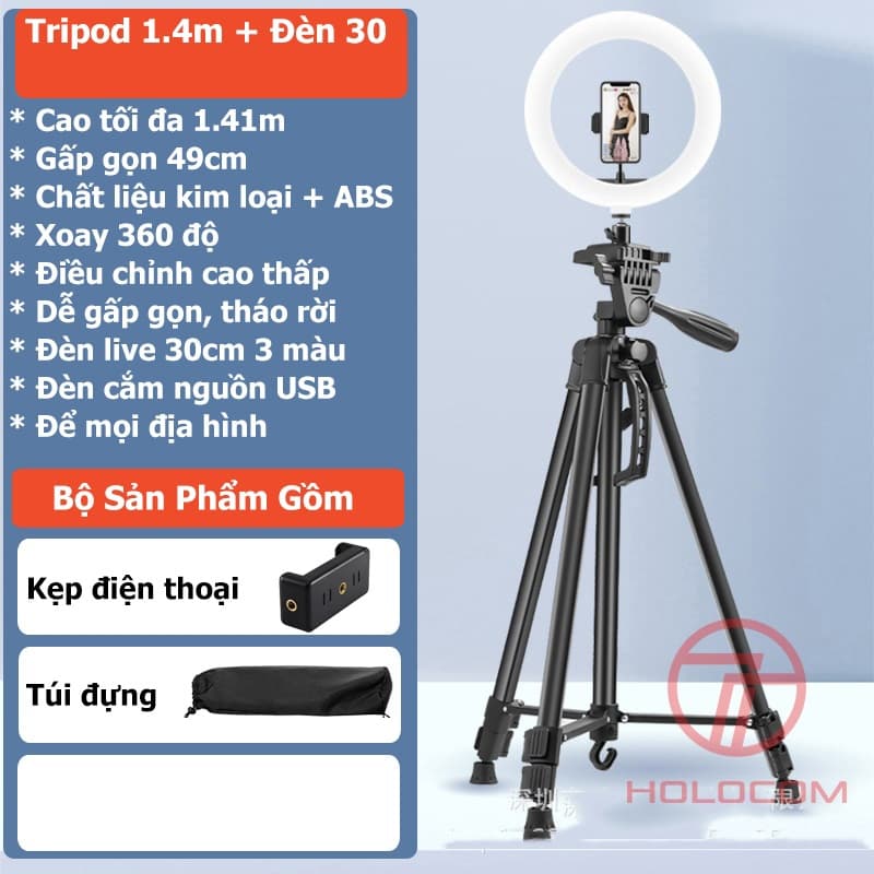 Ảnh Chân Đỡ Điện Thoại 360 Độ Đa Năng Kiêm Tripod Máy Ảnh Dùng Để Livestream Chụp Ảnh Cao 140cm - HOLOCOM 4