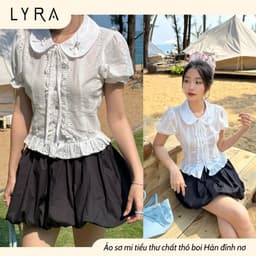 Thumbnail LYRA - Áo sơ mi ngắn tay thiết kế, Áo kiểu nữ cổ nơ viền ren chất thô boi trẻ trung kiểu Hàn - LWNAO021 3