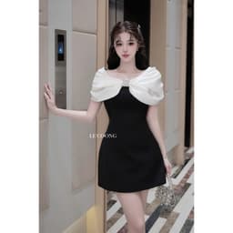 Thumbnail Váy Tiểu Thư Dáng Ngắn Trễ Vai Đính Đá  LECOONG V756 Đầm Thiết Kế Đẹp Phối Đen Be Sang Chảnh 2