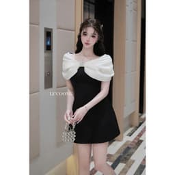 Thumbnail Váy Tiểu Thư Dáng Ngắn Trễ Vai Đính Đá  LECOONG V756 Đầm Thiết Kế Đẹp Phối Đen Be Sang Chảnh 1