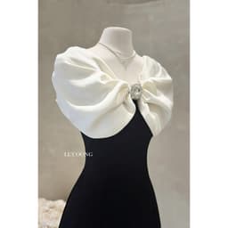 Thumbnail Váy Tiểu Thư Dáng Ngắn Trễ Vai Đính Đá  LECOONG V756 Đầm Thiết Kế Đẹp Phối Đen Be Sang Chảnh 4