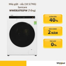 Thumbnail Máy giặt sấy Whirlpool SaniCare Inverter giặt 10.5 kg - sấy 7 kg WWEB10702FG - Bảo hành 2 năm 1
