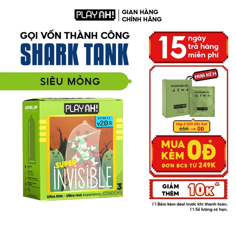 Ảnh Bao Cao Su PlayAh Super Invisible Siêu Mỏng Hộp 3/10 size 52mm, nhiều gel, truyền nhiệt 1