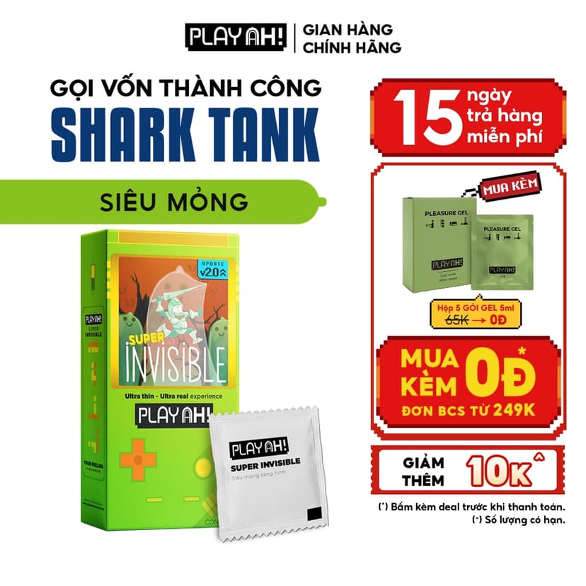 Ảnh Bao Cao Su PlayAh Super Invisible Siêu Mỏng Hộp 3/10 size 52mm, nhiều gel, truyền nhiệt 2