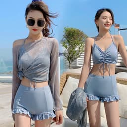 Thumbnail Bikini LUHAZO đi biển du lịch 3 chi tiết nữ áo rút dây có mút ngực kèm quần nhún và áo lưới kín đáo 9961 TK13T4 2