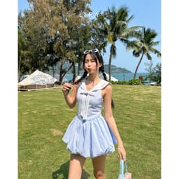 Thumbnail LYRA - Váy kẻ thủy thủ dáng bí ngắn chiết eo phối nơ nắng động - LWNVD043 1