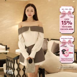 Thumbnail Đầm trễ vai tay dài màu trắng phối xám sọc vạt chéo NEVER UNCOOL thanh lịch, tinh tế - Simple Twist 4