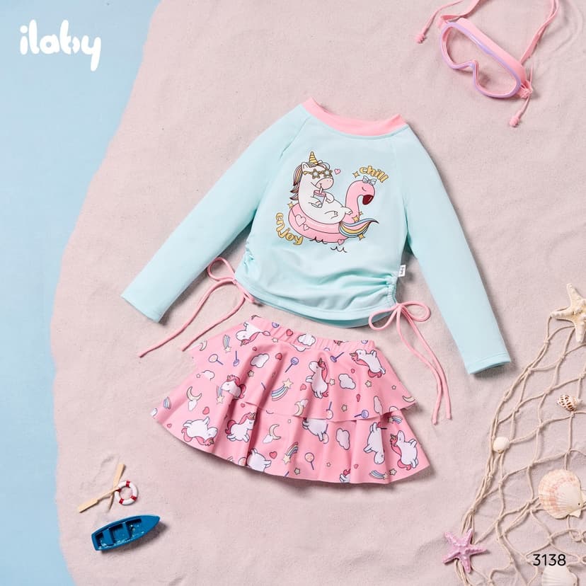 Ảnh Bộ đồ bơi bé gái ILABY bộ bơi Mermaid Pony chất liệu thun lạnh gồm áo dài tay kèm chân váy [3138] 2