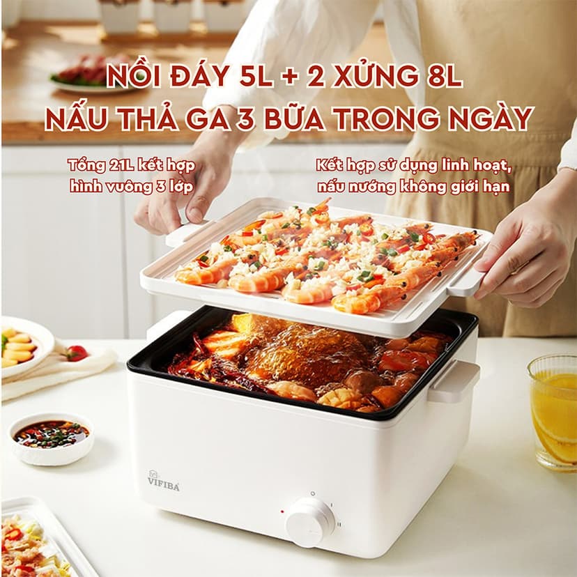Ảnh Nồi Lẩu Hấp Điện 2 Tầng VIFIBA - NồI Vừa Nấu Lẩu Vừa Hấp VIFIBA - Công Suất 1000W, Dung Tích Nấu 15L 4