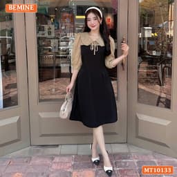 Thumbnail Đầm thiết kế BEMINE cổ V phối ren thêu hoa tay lửng dáng chữ A phù hợp đi làm, đi chơI-MT10133 1