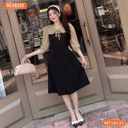 Thumbnail Đầm thiết kế BEMINE cổ V phối ren thêu hoa tay lửng dáng chữ A phù hợp đi làm, đi chơI-MT10133 4