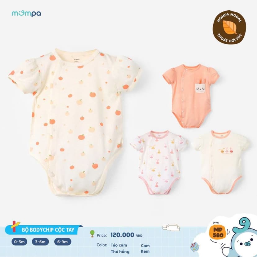 Ảnh Bodychip cho bé sơ sinh Mompa cộc tay cúc bấm 0-9 tháng vải Modal thấm hút mềm mại thoáng khí 580 1