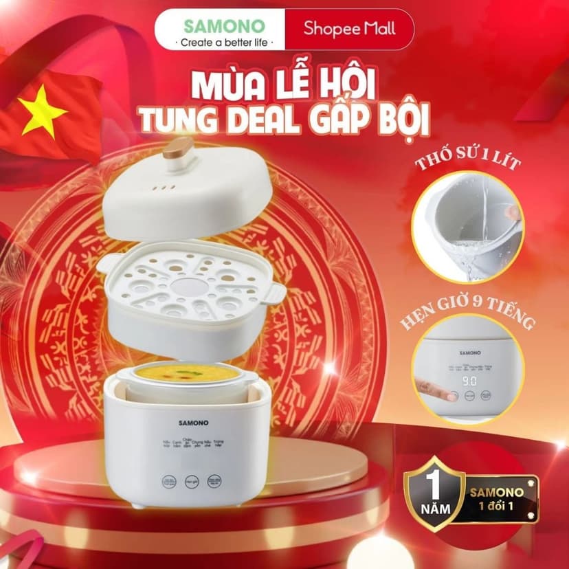 Ảnh Nồi nấu chậm đa năng 1L Samono SW-SC10, kèm lồng hấp,thố sứ,hẹn giờ, Nấu Cháo, Chưng Yến, hầm, giữ nhiệt 1