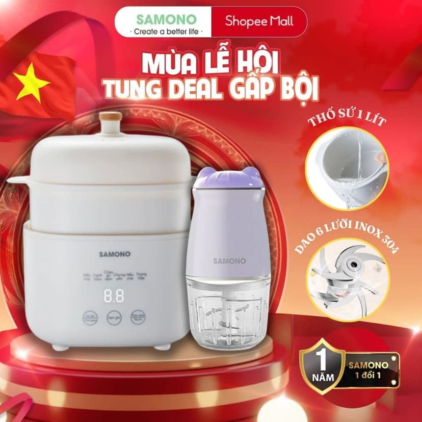 Ảnh Combo nồi nấu chậm Samono SW-SC10 và máy xay mini ăn dặm cho bé SW-MC200/MC200S 2