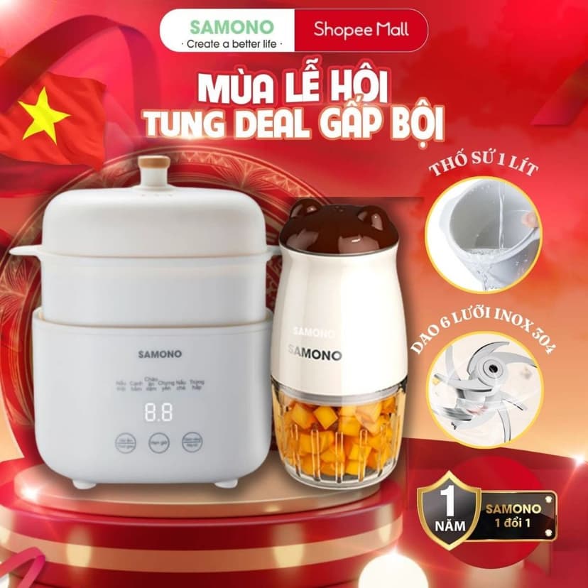 Ảnh Combo nồi nấu chậm Samono SW-SC10 và máy xay mini ăn dặm cho bé SW-MC200/MC200S 1