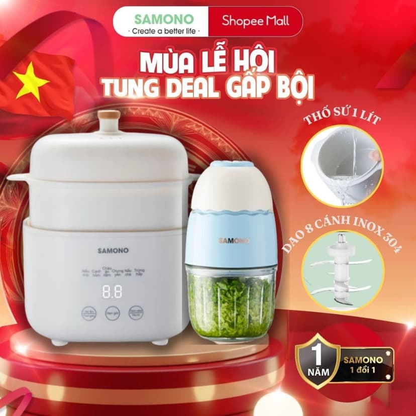 Ảnh Combo nồi nấu chậm Samono SW-SC10 và máy xay mini ăn dặm cho bé SW-MC200/MC200S 3