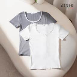 Thumbnail Áo thun nữ YOUNGER BY CARDINA chất bozip dáng ngắn cổ U phối ren 5YAFC03 1