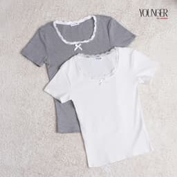 Thumbnail Áo thun nữ YOUNGER BY CARDINA chất bozip dáng ngắn cổ U phối ren 5YAFC03 4