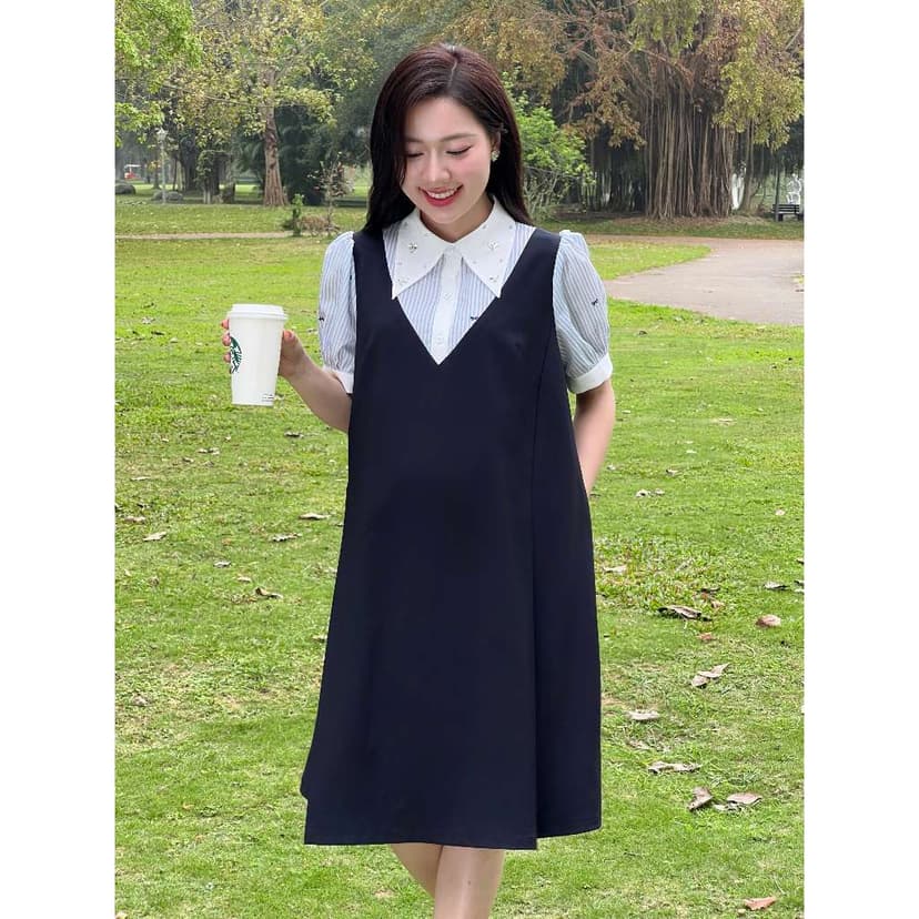 Ảnh Váy bầu, đầm bầu Keva Dress giả yếm phối cổ sơ mi đính đá chất liệu xước hàn thiết kế BY L'AMME 3