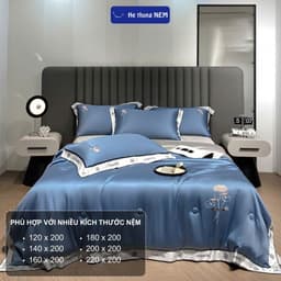 Thumbnail Bộ drap giường He thong NEM cao cấp Set bộ vỏ chăn ga ra gối nệm đệm 5 món lụa thái trải phủ giường mùa hè mát lạnh 2