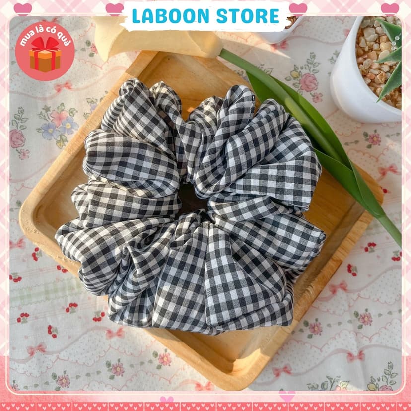 Ảnh Scrunchies vải caro sọc pastel LABOON dây buộc tóc bản to chất vải đủi thô nhún đứng form tóc 3