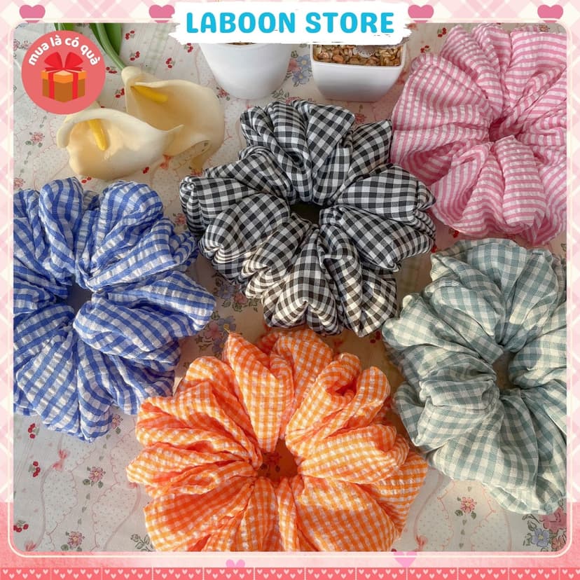 Ảnh Scrunchies vải caro sọc pastel LABOON dây buộc tóc bản to chất vải đủi thô nhún đứng form tóc 2